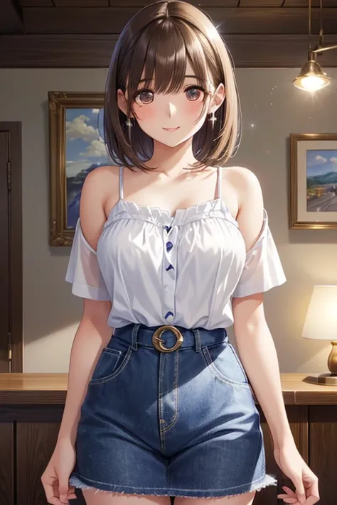 anegasaki nene、 shiny chestnut hair ,  short hair, ( Pretty Brown Eyes 、 sparkling eyes , Fine grain)、smile、 super detailed eyes、Highly detailed faces,  very detailed eyes,(masterpiece:1.3), cowboy shot, (woman一人のみ, Alone)、




  woman， short camisole，whit...