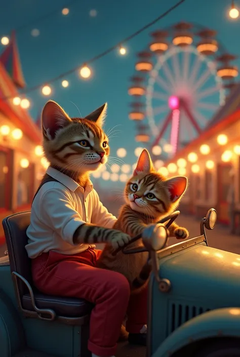 "night scene A caring father cat dressed in a white shirt and red pants driving a vintage-style car with his baby cat happily seated in a  seat beside him. The setting is a lively old fair with colorful tents, ferris wheels, and vintage décor under a warm ...