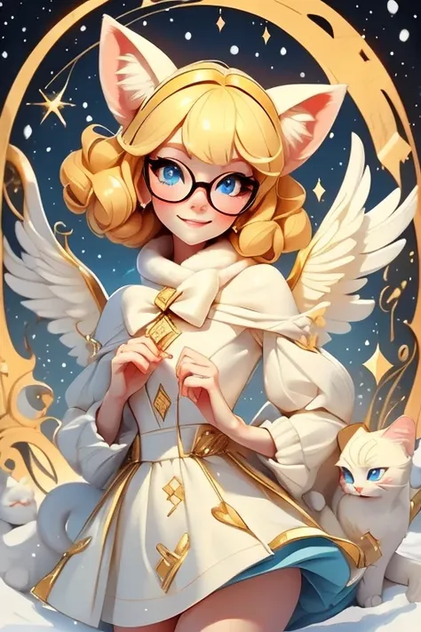 Perfect face. Perfect hands. A blonde haired woman with blue eyes and blonde cat ears and a blonde cat tail and white wings i and glasses and short hair in a cute winter wonderland dress is smiling while spinning in a winter wonderland