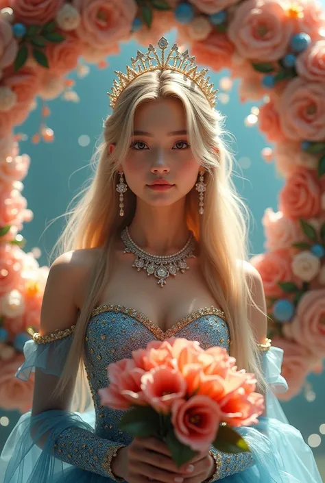 Photoreal,Realistic,8K Raw Photo,Masterpiece,HD,16-year-old,beautiful idol, solo, looking at viewer, blonde long hair, spend your time with your mouth closed and smile,She is wearing a blue dress with sequins and gold embroidery.,Swarovski tiara, earrings,...