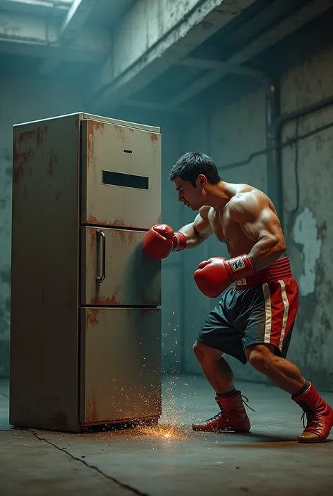 A refrigerator fights with a boxer in a realistic manner