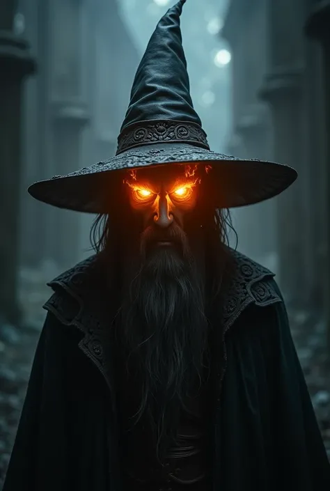 I want a picture of a wizard who looks wicked with his eyes full of flame and who wears a hat