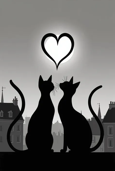 silhouette di due gatti neri di spalle che guardano la luna, le due lunghe code formano un cuore. bianco e nero, sui tetti di Parigi, le code si stagliano contro la luna. il cuore nella luna, le code formano il cuore. i gatti guardano la luna