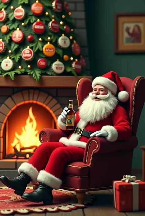 Christmas tree with bottle caps. Real Santaclaus with bottle of beer sitting or armchair. Fireplace in background