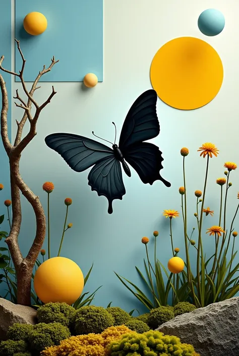 "Surreal artistic composition featuring a  black and white butterfly surrounded by a blend of vibrant and muted geometric circles, organic moss textures, and various plants. The scene combines elements of nature with abstract forms, including soft sky blue...