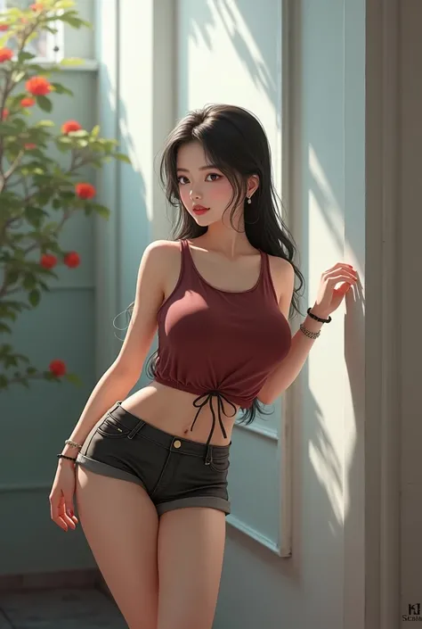 High Res Illustration , 8k, Intense Shadows , Overexposure Large breasts , posting , photo , 3d, 8k, Asian Araffy woman ,  Unbutton Every pint ,  Deep Red Print  "Young girl"  69"   Realistic Art Part ,   sexy, in a dark red colo shirt ,  Realistic Art Par...