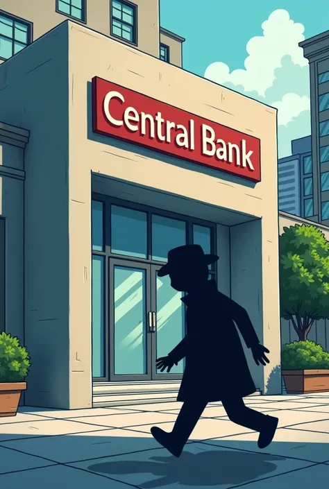  A cartoon depicting the exterior of a modern bank with the sign "central bank",  with a mysterious shadow passing in front , indicating stealth action .