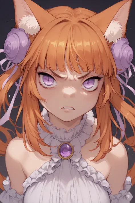 score_9, score_8_up, score_7_up, high resolution, 1girl, looking at viewer, beautiful face, detailed pupils, orange hair, triple bun, fringed bangs, light purple eyes, breasts, orange cat ears, orange cat tail, angry