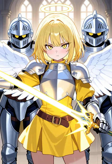 score_9,score_8_up,score_7_up,rating_safety,source_manga,masterpiece,best quality,hyper detailed,super fine illustration,8k,BREAK 1girl,9yo,(knight helm),(blonde hair,bob),(sharp eyes,tsurime,yellow eyes),pout,(flat chest:0.9),(knight armor,yellow dress),a...