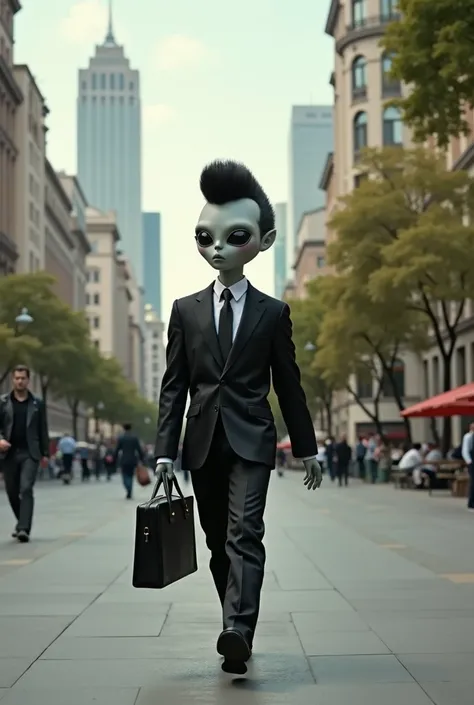  A gray alien with a wig in the style of Elvis Presley walking along Avenida 9 de Julio in Buenos Aires, Argentina. He wears a black suit with a tie and a briefcase in his hand .  In the sky a thunderstorm. In the distance a UFO  .