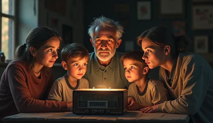  Atthias and his family watch the soccer game
image description: one
Key elements :  Family gathers around an old radio ,  expression of expectation and joy ,  Depth is created by F .