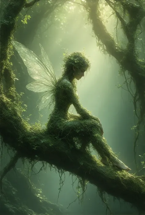  Fairy sitting on a branch in the middle of a forest on a very sunny day. The fairy is made of vegetation 