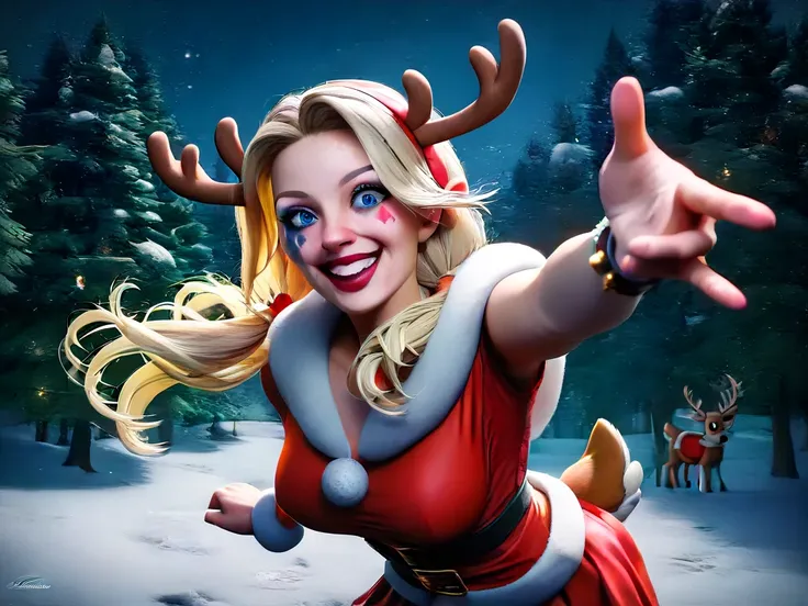 (1girl), Solo, Harley Quinn being transformed into a reindeer, surprised expression, Extremely cute, Amazing face and eyes, (Beautiful lovely smile), long Blonde hair in twintails, (extremely detailed beautiful face), bright shiny lips, (medium breasts:1.5...