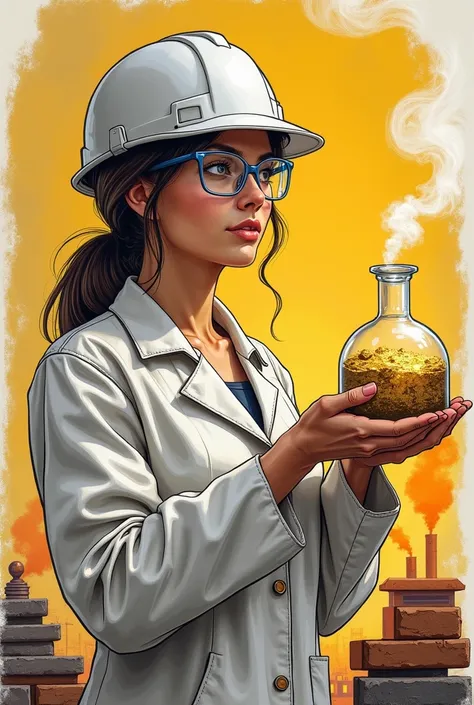 A drawing of a female engineer wearing a white helmet ,  safety glasses and a lab coat holding a gold ore with one hand and a flask with the other that has a brick on the right side and some briquettes on the left side with a blast furnace in the backgroun...