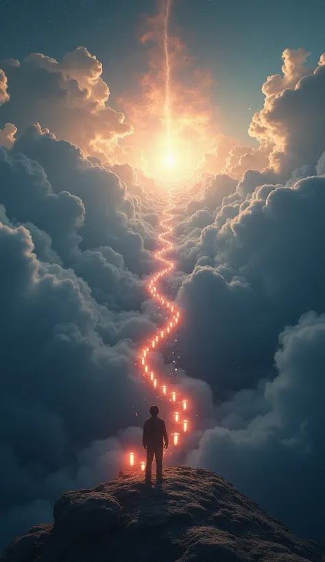 A reflective scene of a person standing on the edge of a vast cosmic landscape, with a single, glowing domino in their hand. In front of them, a chain of dominos stretches into infinity, some leading toward radiant light and others plunging into darkness. ...