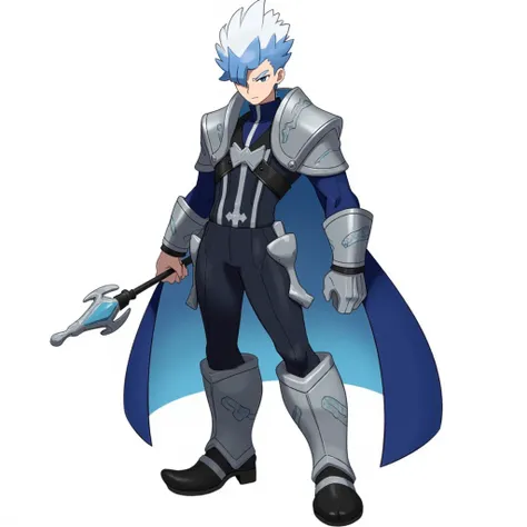 Pokemon Trainer: A commanding figure in a tailored navy admirals coat over a form-fitting diving suit, silver wave-patterned armor plates layered across shoulders and chest, translucent blue cape that ripples like water, hair white at roots fading to deep ...