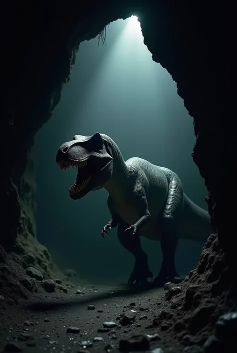 The Tyrannosaurus rex emerges from a pitch-black cave, its scales glinting faintly under the pale moonlight. Its growl reverberates through the silence as it stalks its prey, the ground trembling with each step."