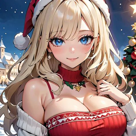  long-haired woman , albino hair, cabello blanco, cute hairstyle ,  straight hair ,  sky blue eyes,  white skin ,  blushing , smiling,  big boobs, Milf,  dressed in a Christmas sweater,  sweater with neckline , marked neckline,  protruding breasts , sexy, ...