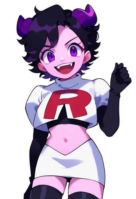 jellybean_yt, solo, looking at viewer, smile, short hair, open mouth, black hair, 1girl, white background, purple eyes, female focus, horns, teeth, colored skin, fangs, team rocket,team rocket uniform,white skirt,red letter R,crop top,black thigh-highs,bla...