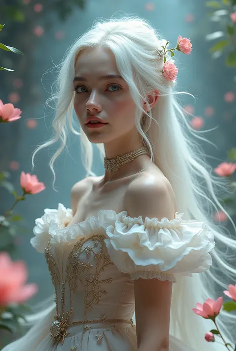 1 Girl， beautiful face ，White hair，Rococo style red costume， is surrounded by a type of floating element ，It creates an ethereal atmosphere, The background is a magical environment. Pink flowers scattered all around add extra depth and interest to the imag...