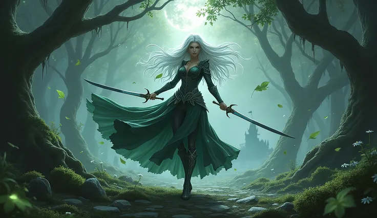 Create a highly detailed illustration of Elowen Silverblade, the elven sword dancer. She stands poised in a dynamic dance pose, her twin swords, "Moonshadow" and "Starfire," elegantly crossed in front of her. Her long, flowing silver hair billows around he...