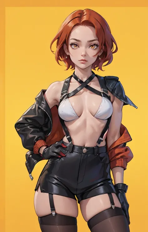 1girl, young woman, solo, short hair, Small  hair, (forehead:1.2), yellow eyes, sharp ocular posture, (scarlet red hair), light brown skin tone, Athletic, muscular, medium breasts, (cropped jacket, black jacket), white shirt, collared shirt, (chest harness...