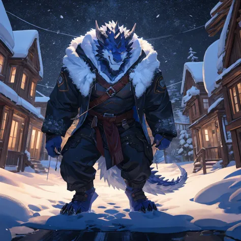 HD,Wolfdragon,hoodie, white fur ,male, beast, masterpiece,  extremely detailed,Strong, mature male,   dynamic posture,cold snow,windy