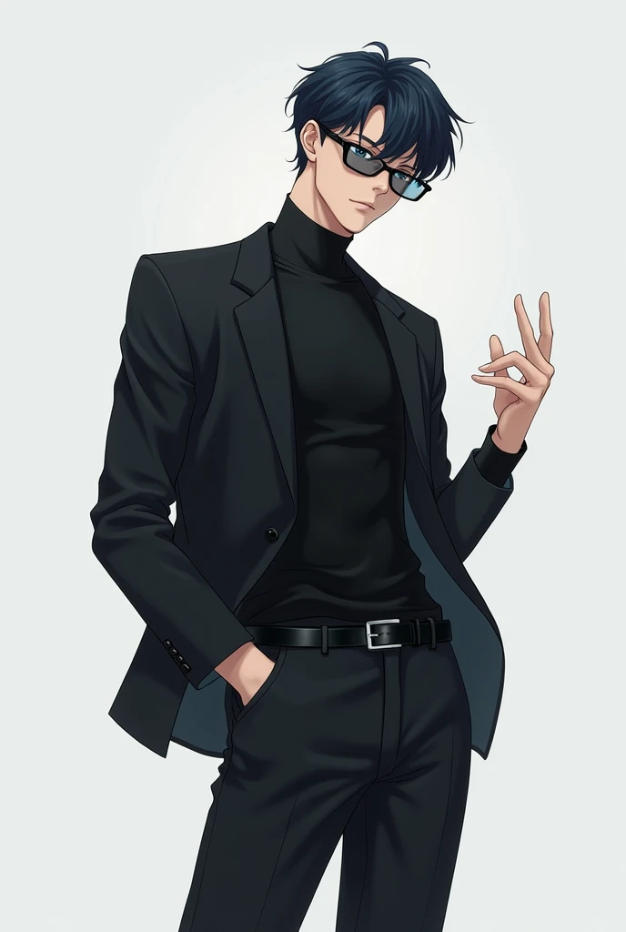 Anime man with 190 centimeters length and he have sunglasses. He have azure blue eyes and black clothes. He smiling and staring at screen with cute pose