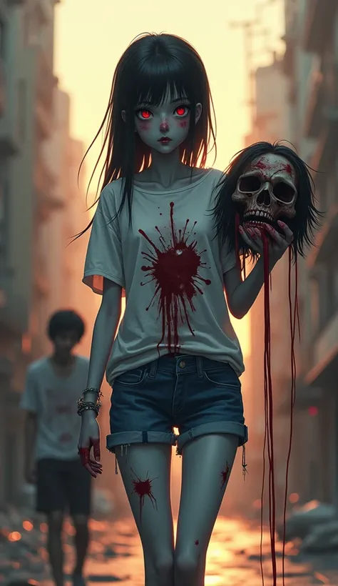 a beautiful japanese school teen zombie, exposing her from white tshirt and short blue jeans, blue skin, red eyes, holding a cutting head with dripping bloods, looking cute, carrying a dead body of a boyfriend by his shit, walking down a dystopian city, sm...