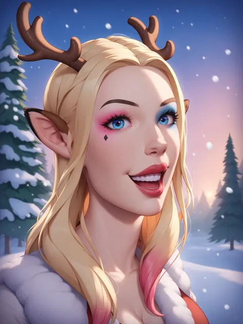 (1girl), Solo, Harley Quinn being transformed into a reindeer, surprised expression, Extremely cute, Amazing face and eyes, (Beautiful lovely smile), long Blonde hair in twintails, (extremely detailed beautiful face), bright shiny lips, (medium breasts), ,...