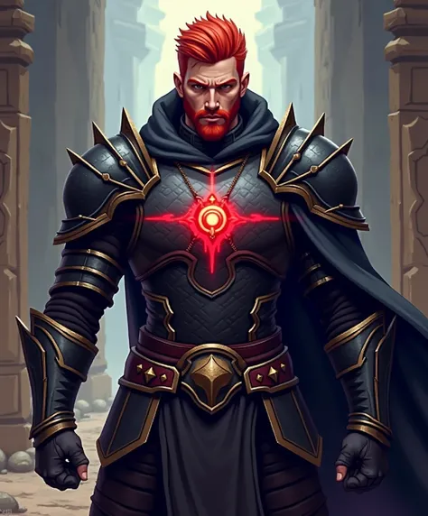 rpg , Pixel art ,  red hair  , black armor with a red glow on the chest , man , strong , 35 years old 