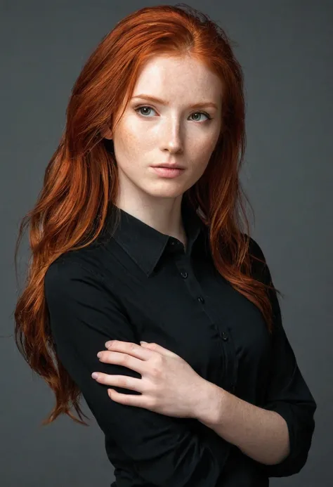 Beautiful red-haired girl with soft skin  black shirt 