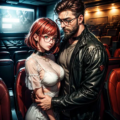 Short,  red hair ,  green eyes ,  metal-framed glasses, a girl has sex in a cinema auditorium with a bearded man.