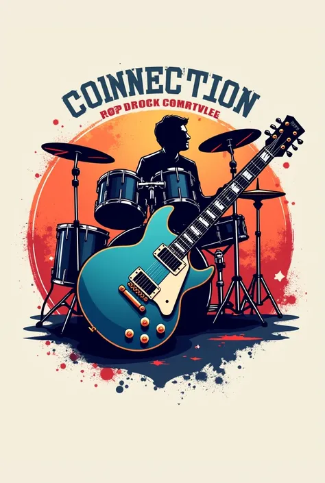 Logo for pop-rock band with musical instruments (Battery, under,  guitar and microphone )  with the bands name  "connection band "