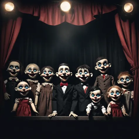 Sinister puppet show, horror theater style, creepy puppets, dark stage.