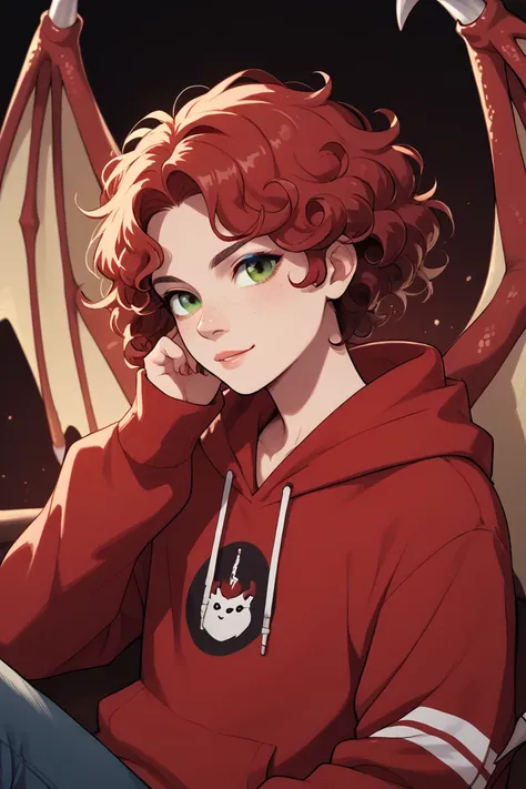 anime character, dragon-boy, dark wine red curly hair, brown eyes with red dragon wings and a red hoodie,