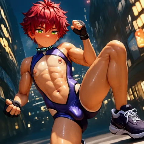 1boy, shine tan skin, shota, muscular, sweat, sci-fi, colorful sleeveless body suits, bulge, fingerless grove, shoes, collar, nipples cutout, navel cutout, nipple rings, city street, fighting pose, sunshine, short hair, messy hair, red hair, green eyes, ci...