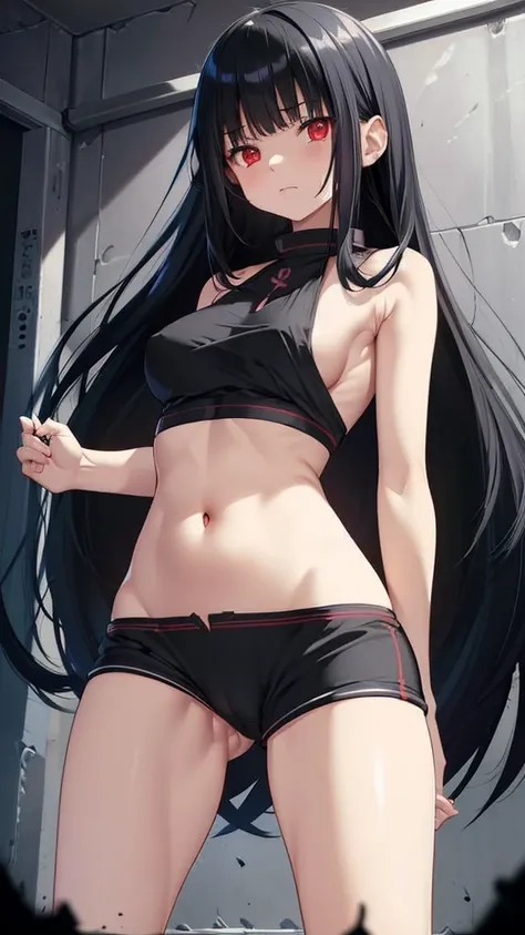 (Ultra HD, high quality) 1 girl ((small,  teenager,  long black hair,  red eyes , standing)) cropped crop top , sideboob (( medium and sharp breasts)) bottomless ( hairless vagina ,  long and thick legs ))  scary environment  (( dungeon, gray basement ))