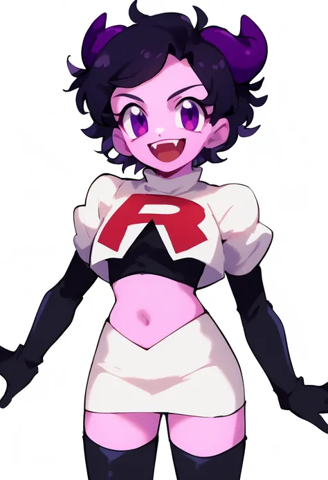 jellybean_yt, solo, looking at viewer, smile, short hair, open mouth, black hair, 1girl, white background, purple eyes, female focus, horns, teeth, colored skin, fangs, team rocket,team rocket uniform,white skirt,red letter R,crop top,black thigh-highs,bla...