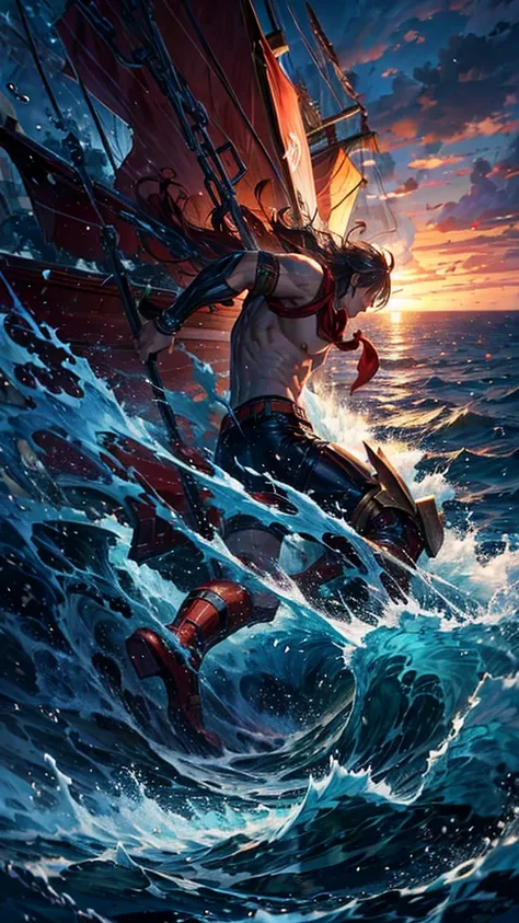 god of sailors, titan man saving a boat in storm on the ocean