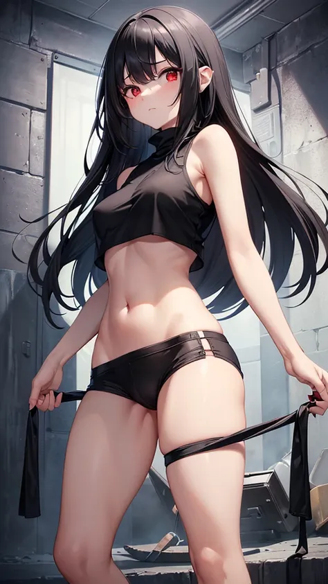 (Ultra HD, high quality) 1 girl ((small,  teenager,  long black hair,  red eyes , standing)) cropped crop top , sideboob (( medium and accentuated breasts)), taking off the shirt, lifting the shirt ,  breasts showing, flashing boobs, bottomless ( hairless ...