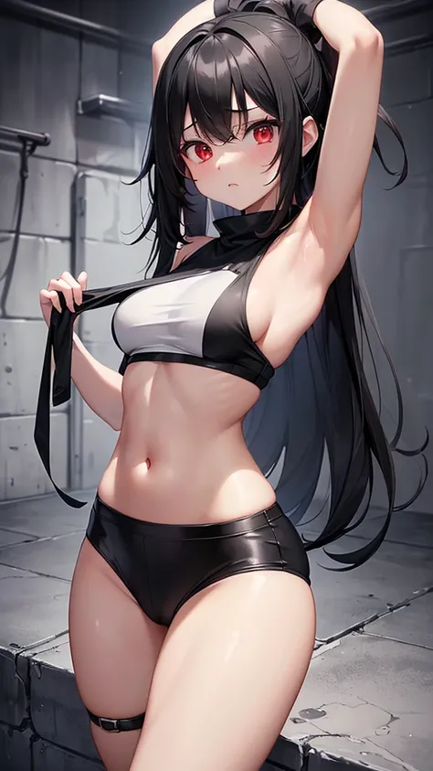 (Ultra HD, high quality) 1 girl ((small,  teenager,  long black hair,  red eyes , standing)) cropped crop top , sideboob (( medium and accentuated breasts)), taking off the shirt, lifting the shirt ,  breasts showing, flashing boobs, bottomless ( hairless ...