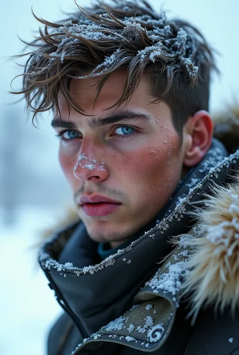 A 22-year-old boy with snow ice covering his face and wearing a winter fur jacket