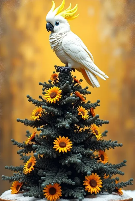 Create a New Year and Christmas card for 2025 with a picture of a black sunflower seed christmas tree decorated with sunflower flowers and on top of the tree a white cockatoo with a yellow crest