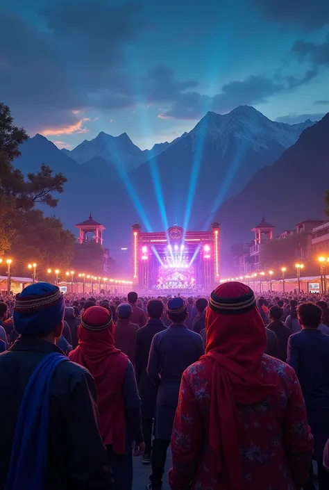 lahore with mountains around it  at night time and there is a concert going around it and people are wearing      
 chitrali phakool in it make it 4k hd