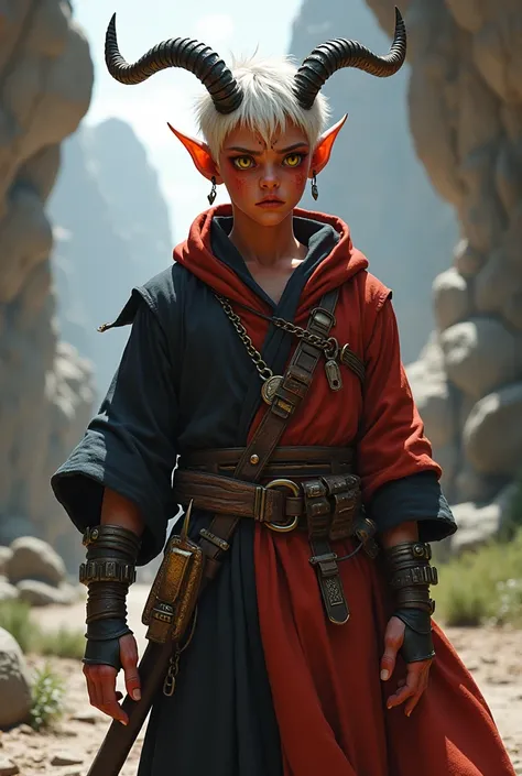 character of d&d, tiefling, man, Young,  short white hair, high, with warm red skin with a black tip ,  golden horns and black golden eyes with nervous expression with monk clothes mixed with adventurer full body image