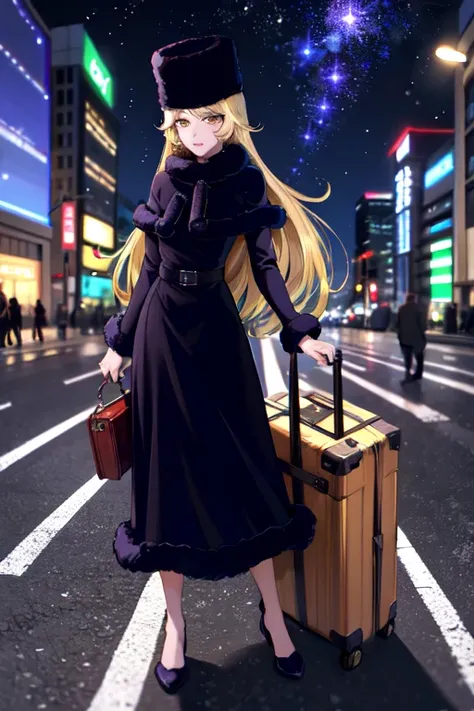 8k,(masterpiece:1.4)( top quality :1.4),(top quality),  One girl ,Maetal ,  long hair, Blonde,   yellow eyes, ãã¼ ãã ¡ãâã³,  black headwear,  fur hat,  dress, full body , luggage, Tokyo Station,   outdoors on the street at night,   knight , galaxy,   Watch...