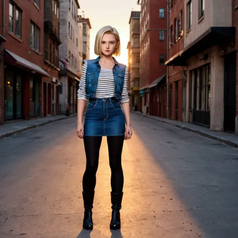 Android 18 from Dragon Ball Z standing confidently, wearing her iconic outfit: a fitted, sleeveless blue denim jacket with lighter stitching and rolled-up sleeves, layered over a long-sleeved black undershirt with white horizontal stripes along the arms. S...