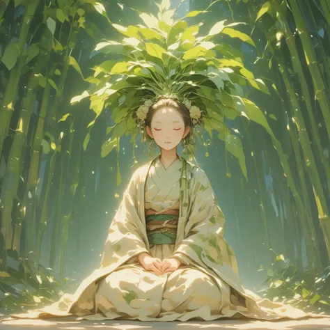 Illustrate a daikon character as a revered spirit dwelling within a tranquil bamboo grove, embodying the quiet wisdom and strength of ancient nature. (The daikon is portrayed with serene features, its eyes soft and full of understanding, wrapped in an eleg...