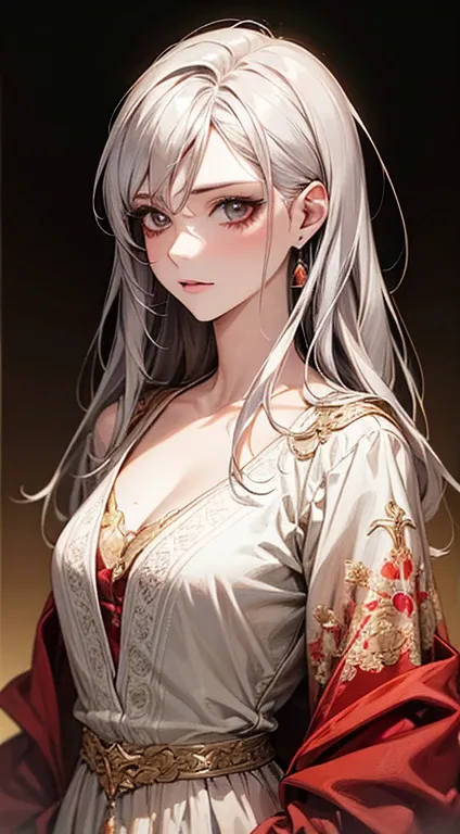 A painting of a woman with gray hair and an orange top, stunning anime face portrait, beautiful character painting, beautiful anime portrait, her image is rendered by red paint, presenting a stunning effect. The painting is very detailed, depicting womens ...